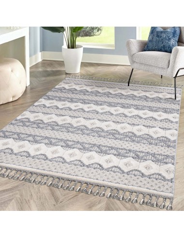 Tapis gris effet laine bouclée à franges tressées - motif géométrique- LUNA outlet