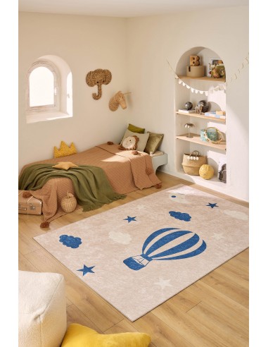 Tapis enfant lavable beige motif montgolfière bleue- DAKAR france