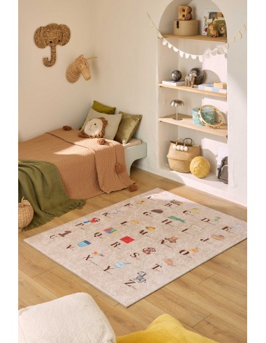 Tapis enfant lavable beige motif alphabet- DAKAR brillant des détails fins