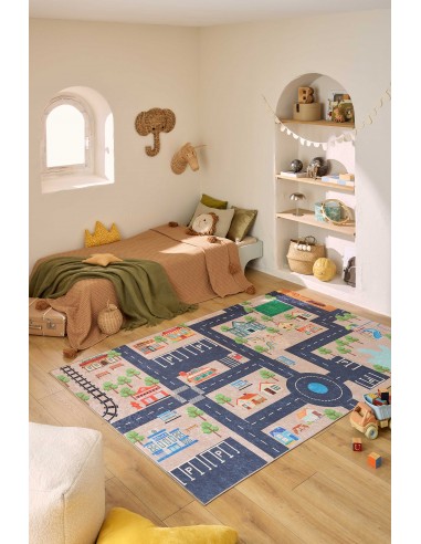 Tapis enfant lavable beige motif circuit dans la ville - DAKAR shop