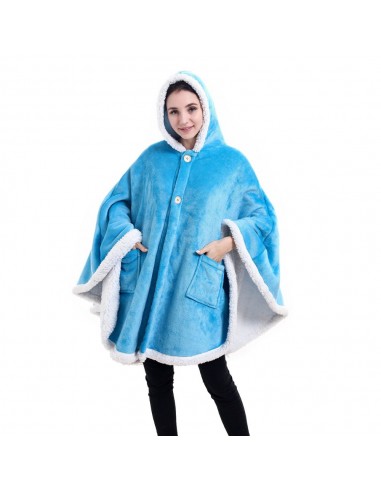 Poncho Plaid Polaire Géant Bleu Azur à capuche et poches latérales d'Europe débarque