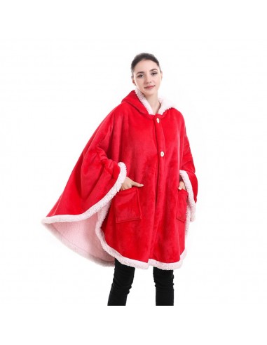 Poncho Plaid Polaire Géant Rouge à capuche et poches latérales la chaussure