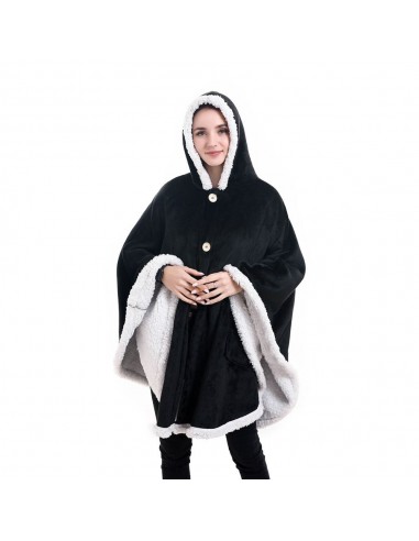 Poncho Plaid Polaire Géant Noir à capuche et poches latérales Venez acheter