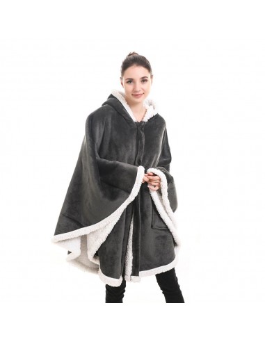 Grey Giant Plaid Fleece Poncho med huva och sidofickor ouvre sa boutique