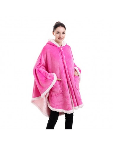 Giant Fuchsia Pink Fleece Plaid Poncho med hætte og sidelommer livraison gratuite