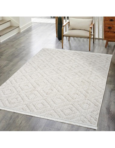 Tapis Laine bouclée Beige avec motif losanges en relief - ALEA les ligaments