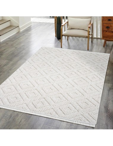 Tapis Laine bouclée Crème avec motif losanges en relief - ALEA prix