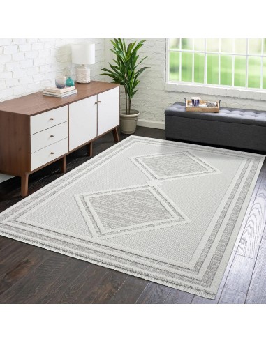 Tapis beige effet laine bouclée à motif losange et franges - LANA livraison et retour toujours gratuits